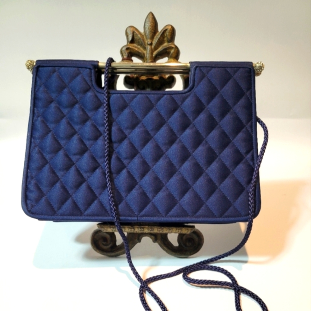 Navy Quilted Evening Bag with Corded Strap